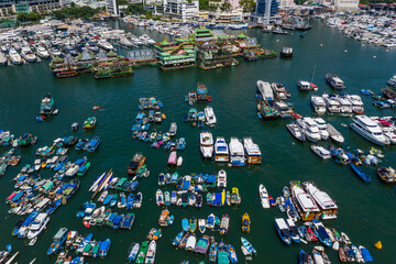 Top view of Hong Kong city with typhoon shelter