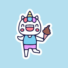 Happy unicorn holding ice cream illustration. Vector graphics for t-shirt prints and other uses.