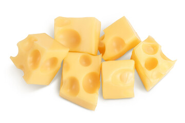 cubes of cheese isolated on white background with clipping path. Top view. Flat lay