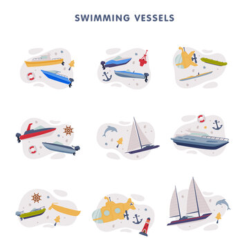 Watercraft or Swimming Water Vessel with Boat and Ship Vector Composition Set