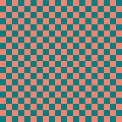 Two color checkerboard. Teal and Salmon colors of checkerboard. Chessboard, checkerboard texture. Squares pattern. Background.