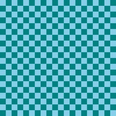 Two color checkerboard. Teal and Sky blue colors of checkerboard. Chessboard, checkerboard texture. Squares pattern. Background.