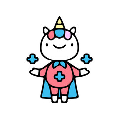 Cute superhero unicorn with medical sign illustration. Vector graphics for t-shirt prints and other uses.