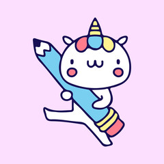 Kawaii unicorn holding pencil illustration. Vector graphics for t-shirt prints and other uses.