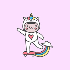 Happy kid with unicorn costume ride a skateboard illustration. Vector graphics for t-shirt prints and other uses.