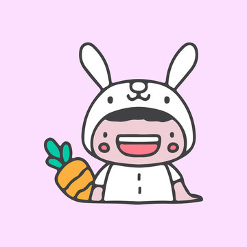 Cute happy kid with bunny costume and carrot illustration. Vector graphics for t-shirt prints and other uses.