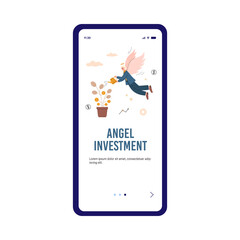 Angel investment onboarding page with businessman, flat vector illustration.