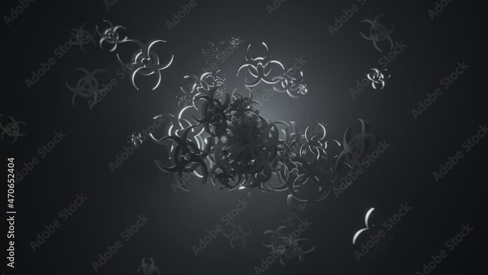 Poster flying virus symbol in random motion on dark environment with volumetric back lighting.