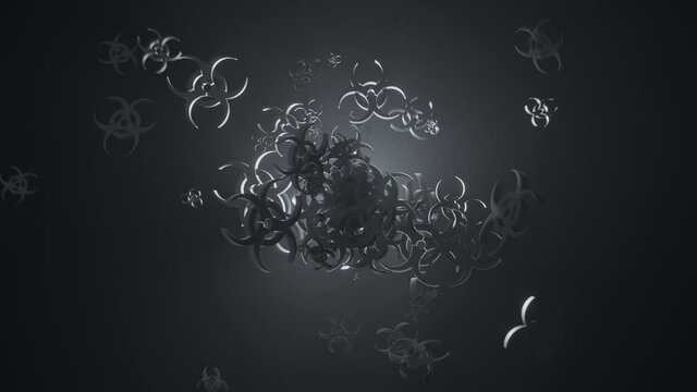 Flying virus symbol in random motion on dark environment with volumetric back lighting.