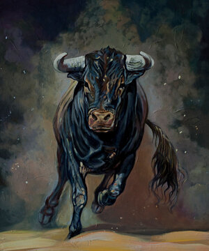 Black Bull Torro oil on canvas painting artwork illustration
