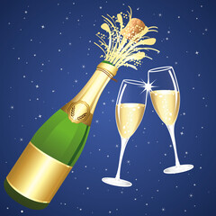 Uncorked bottle of champaign with two cups. Toast. Event. Happy New Year or Anniversary. Blue and gold vector illustration.
