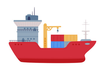 Obraz premium Cargo Ship or Freighter as Watercraft or Swimming Water Vessel Vector Illustration