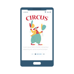 Circus performances onboarding screen of mobile app, flat vector illustration.