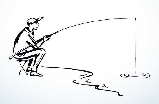 Vector drawing. Fisher at the river