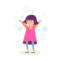 Fototapeta premium Joyful girl playing with soap bubbles flat vector illustration isolated.