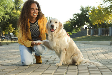 Young African-American woman and her Golden Retriever dog in park