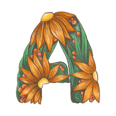 beautiful capital letter A with flowers and leaves. Orange flowers. The beginning of the text.
