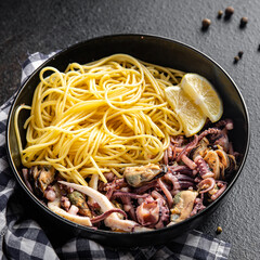 seafood pasta spaghetti sea delicacies meal snack on the table copy space food background rustic. top view
