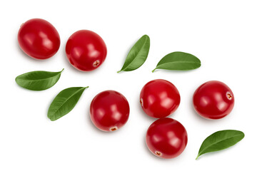 Cranberry with leaves isolated on white background with clipping path and full depth of field. Top view. Flat lay