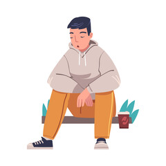 Tired Young Man Sitting on Bench with Coffee Cup and Hang Head Vector Illustration