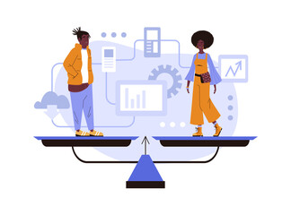 Equal rights for all genders in black community flat vector. Black man and woman have equal weight on the scale.