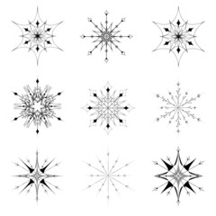Cute snowflakes collection isolated on white background. Flat snow icons, snow flakes silhouette. Nice element for christmas banner, cards. New year ornament. Organic and geometric snowflake set.