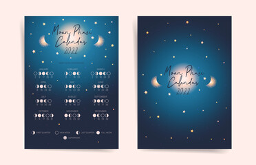 One page night sky lunar calendar 2022 year card. Modern astro moon calendar 2022 poster template design. Lunar phases schedule concept. Vector illustration background. Blue monthly calendar.
