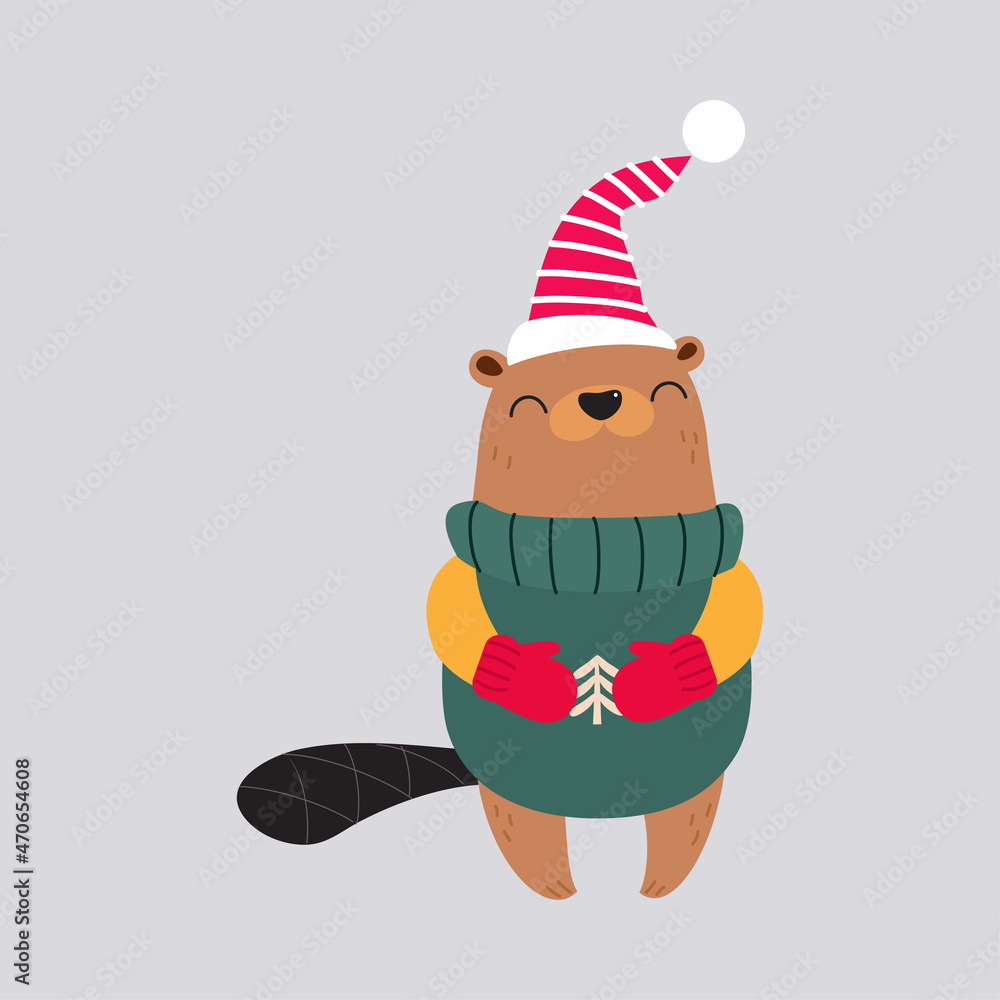 Sticker Cute Bear Animal Wearing Warm Sweater and Hat Enjoying Winter Season Vector Illustration