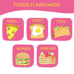 Set of cute foods flashcard vector. Kawaii foods around the world. Various tasty food. Hand-drawn vector set. Cute vector set. Flashcard for preschool children.