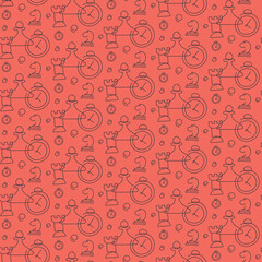 Seamless pattern with chess pieces and timers. Texture with different elements in doodle style.