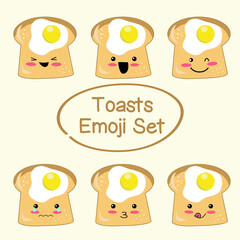 Set of cute toast emoji set vector. Cute illustration of toast expression. Kawaii food expression. Cute vector set. Hand-drawn vector set. 