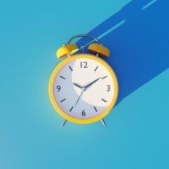 Alarm clock yellow on a blue background. 3d render.