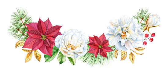 Fototapeta na wymiar Christmas garland with poinsettia flower, pine branches and golden rose. Big horizontal arch arrangement. Watercolor hand painted illustration for winter holiday season, greeting cards, banners