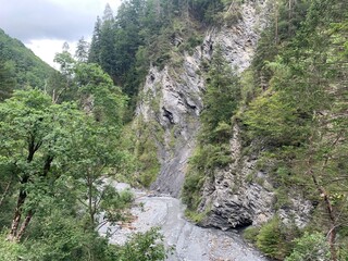 Fototapeta na wymiar mountain river in the mountains - gorge near bad ragaz in switzerland on a cloudy summer day