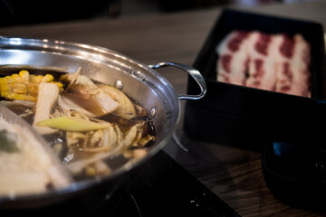 Close up view of hot pot or Sukiyaki