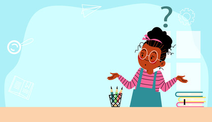 Banner with pensive thoughtful girl and question mark, flat vector illustration.