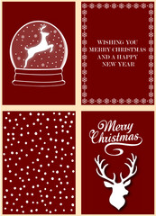 
Holiday card with a deer in a snow ball, with snow flakes, decorative frame of snowflakes on a red background