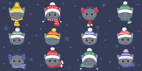Set a collection of twelve cute kittens of the British breed in a winter hat and a scarf of different designs on a blue background, snowflakes. Cartoon, flat style, vector.