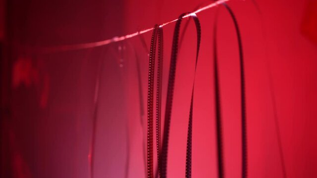 Projecting and development of old film pellicles in red illuminated work studio, film reels pellicles hanging on rope ready for projecting. Film reel tapes in cinematography, retro film records with