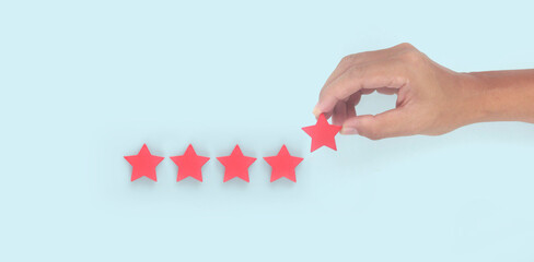 Rise on increasing five stars in human hand, Increase rating