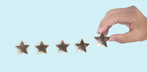 Rise on increasing five stars in human hand, Increase rating