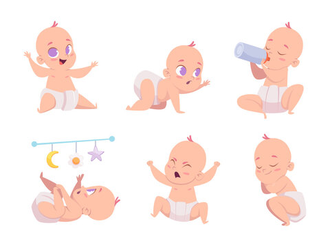 Newborn baby. Infant toddler boys or girls in action poses playing with toys bathing pooping exact vector newborn characters