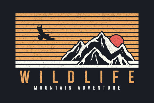 Mountain typography graphics for slogan tee shirt with eagle, sun and stripes. Mountain adventure print for apparel, t-shirt design with grunge. Wildlife slogan. Vector illustration.