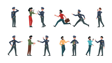 Fototapeta na wymiar Police persons. Robbery murders and police officers in action poses garish vector flat persons in cartoon style