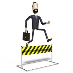 Hipster cartoon character businessman jumps over an obstacle - 3D illustration