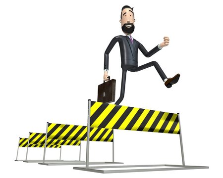 Hipster cartoon character businessman jumps over obstacles - 3D illustration