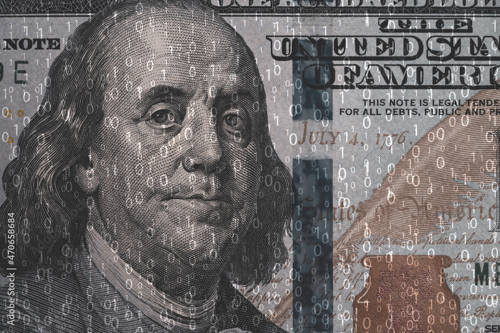 Poster usd dollar banknote with binary number for digital banking technology transformation and crypto curr
