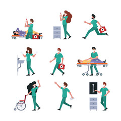 Plakat Medical characters. Emergency nurse and doctors helping people protection life garish vector people medical stuff