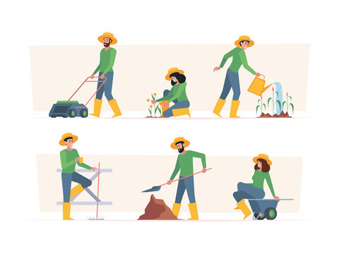 Farmers. Outdoor village workers people with garden plants agricultural flat garish vector illustrations set isolated