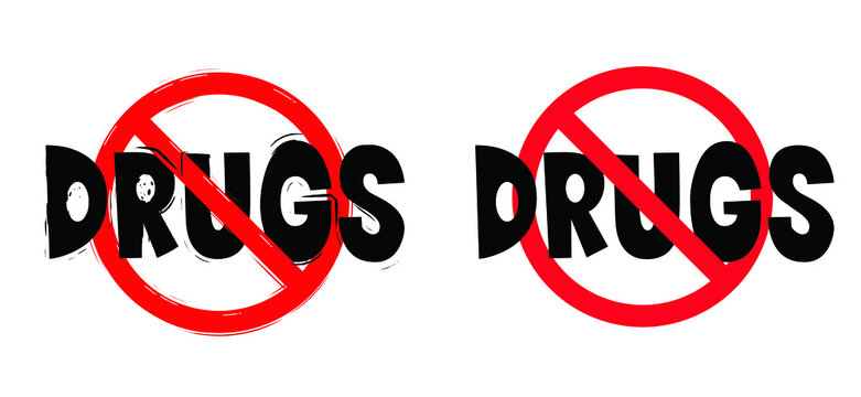 Stop Drug Addiction, No Drugs. Concept For Red Ribbon. Forbidding Syringe, Tobacco, And Other Drug, Drugs Addict, Cocaine, Heroin, Crack, Prevention Concept. Drug Free Zone. For School Or Work.